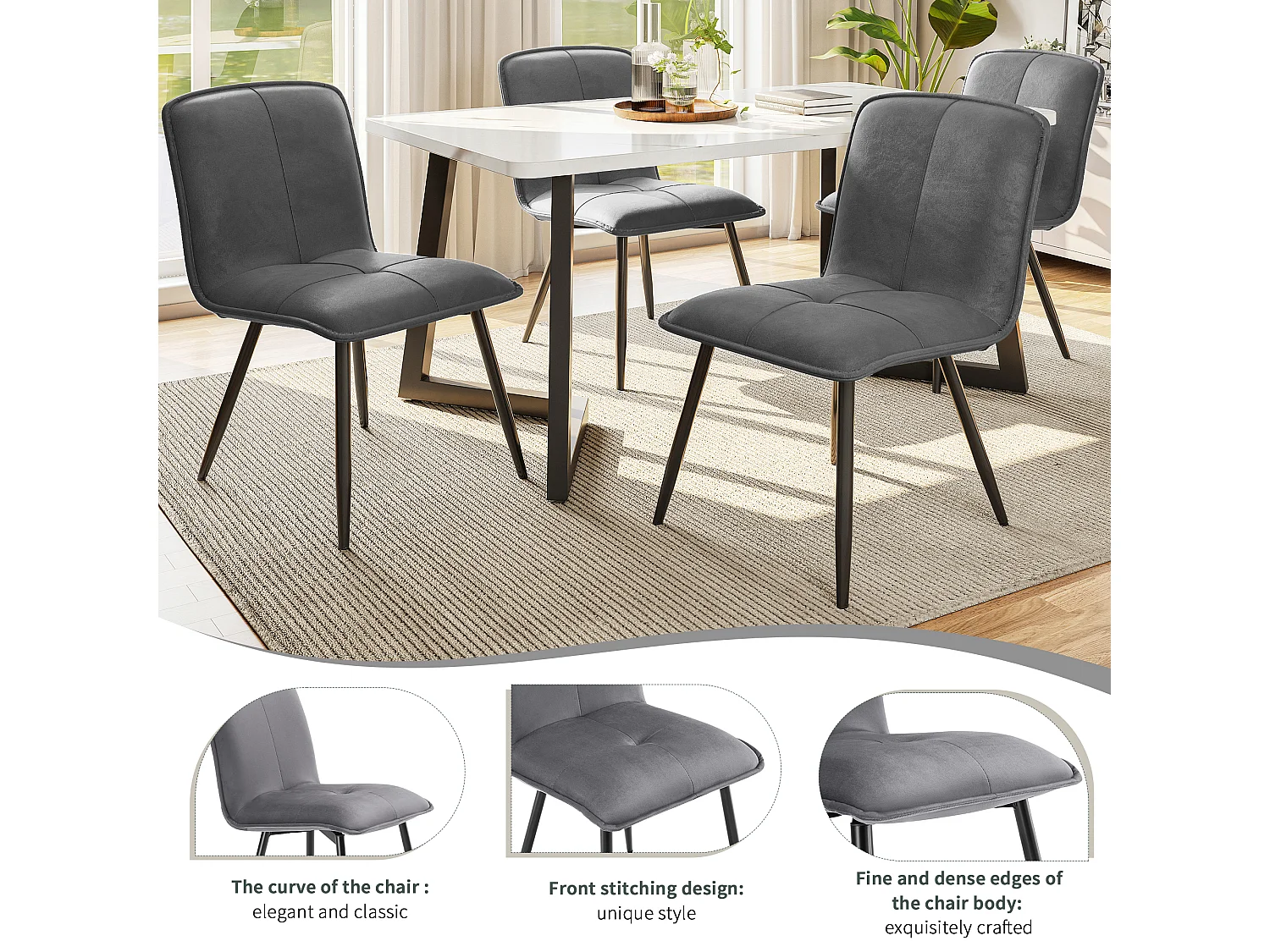 Chaise Salle à Manger, 4 Pièces, Velours, Pieds En Métal, Gris