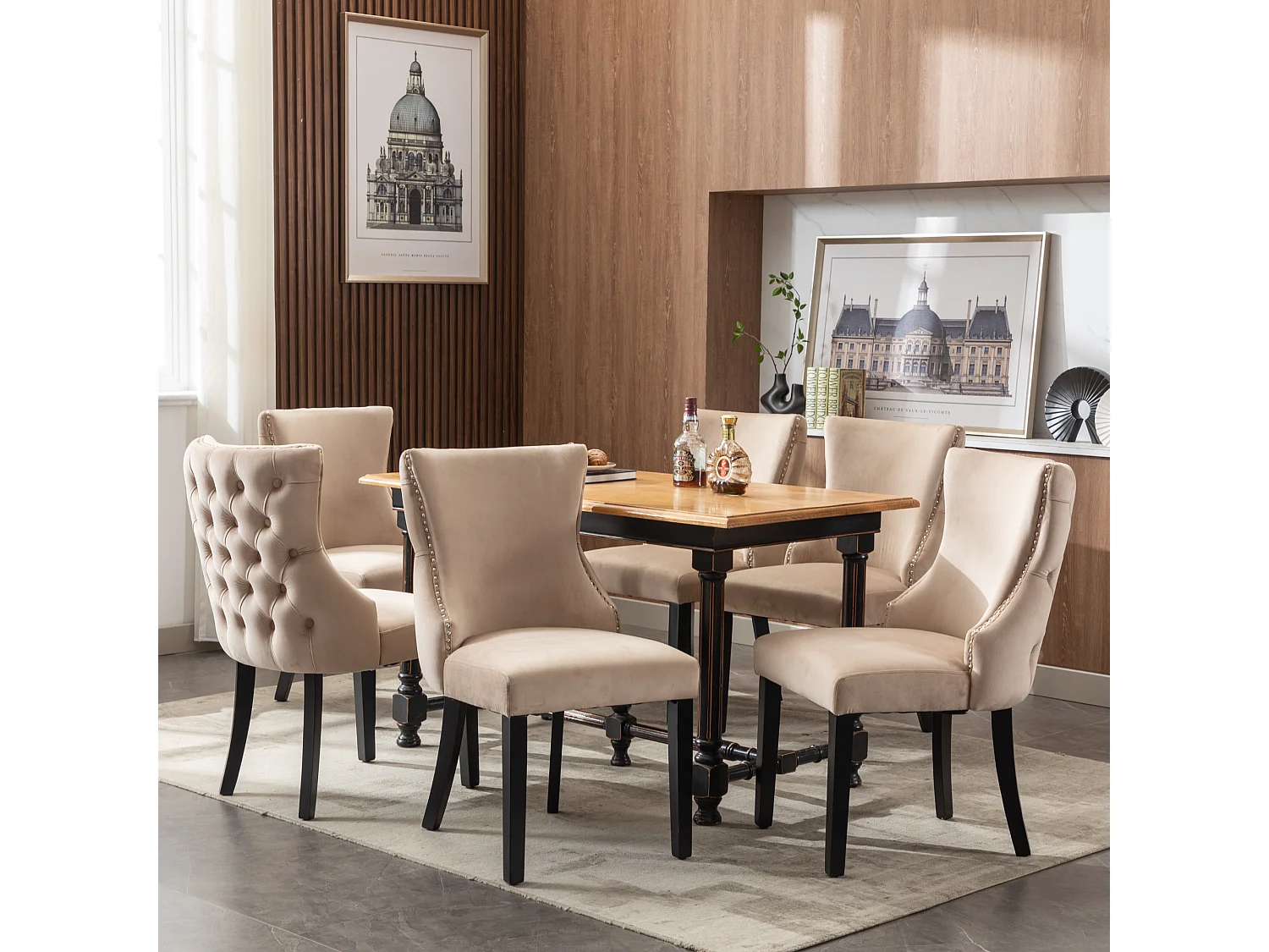 Cadeira de jantar em veludo bege com pernas de madeira maciça, design clássico, 50x41x91 cm, conjunto de 6