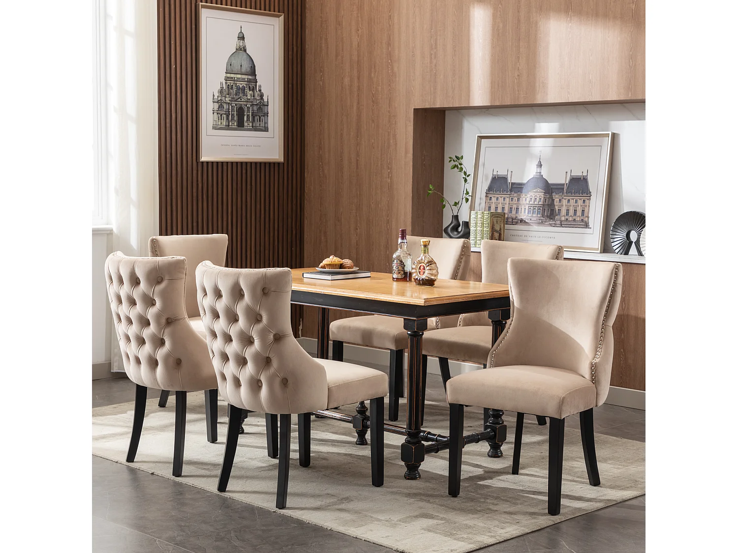 Cadeira de jantar em veludo bege com pernas de madeira maciça, design clássico, 50x41x91 cm, conjunto de 6
