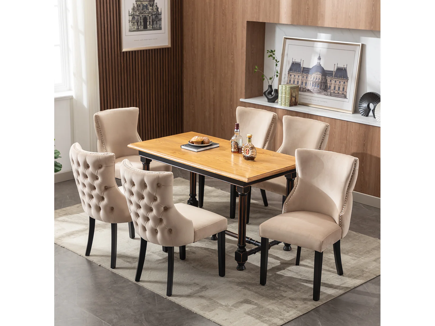 Cadeira de jantar em veludo bege com pernas de madeira maciça, design clássico, 50x41x91 cm, conjunto de 6