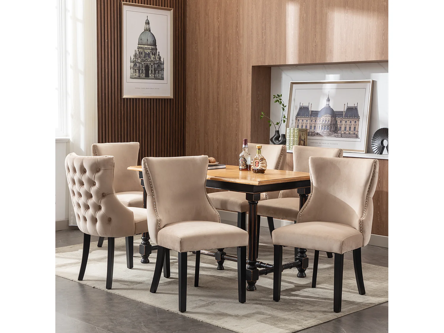 Cadeira de jantar em veludo bege com pernas de madeira maciça, design clássico, 50x41x91 cm, conjunto de 6