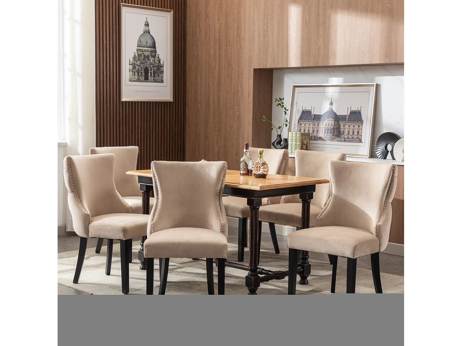 Cadeira de jantar em veludo bege com pernas de madeira maciça, design clássico, 50x41x91 cm, conjunto de 6
