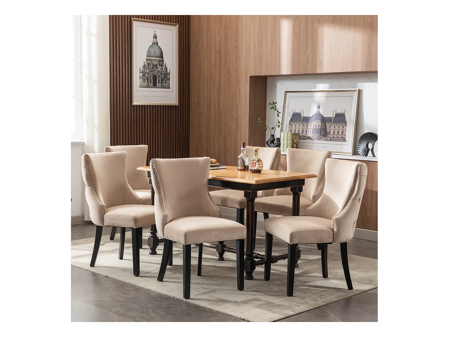 Cadeira de jantar em veludo bege com pernas de madeira maciça, design clássico, 50x41x91 cm, conjunto de 6