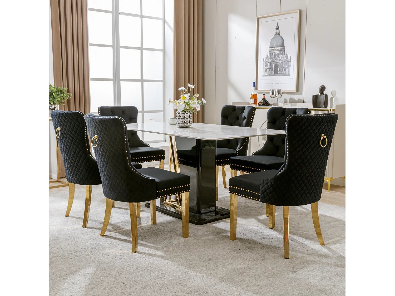 Chaise salle à manger velours noir pieds inox doré design cucina unica salone 50x45x95 cm lotto de 6