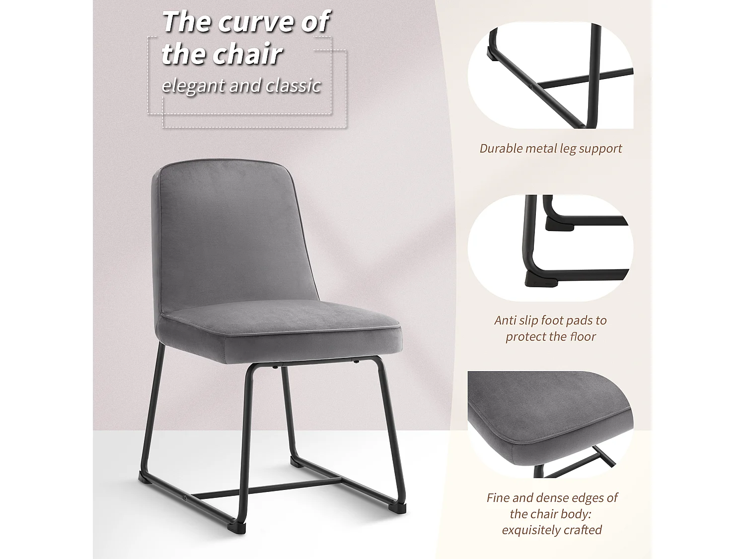 Chaise Salle à Manger Velours, 2 Pièces, Métal Noir, Accoudoirs, Gris