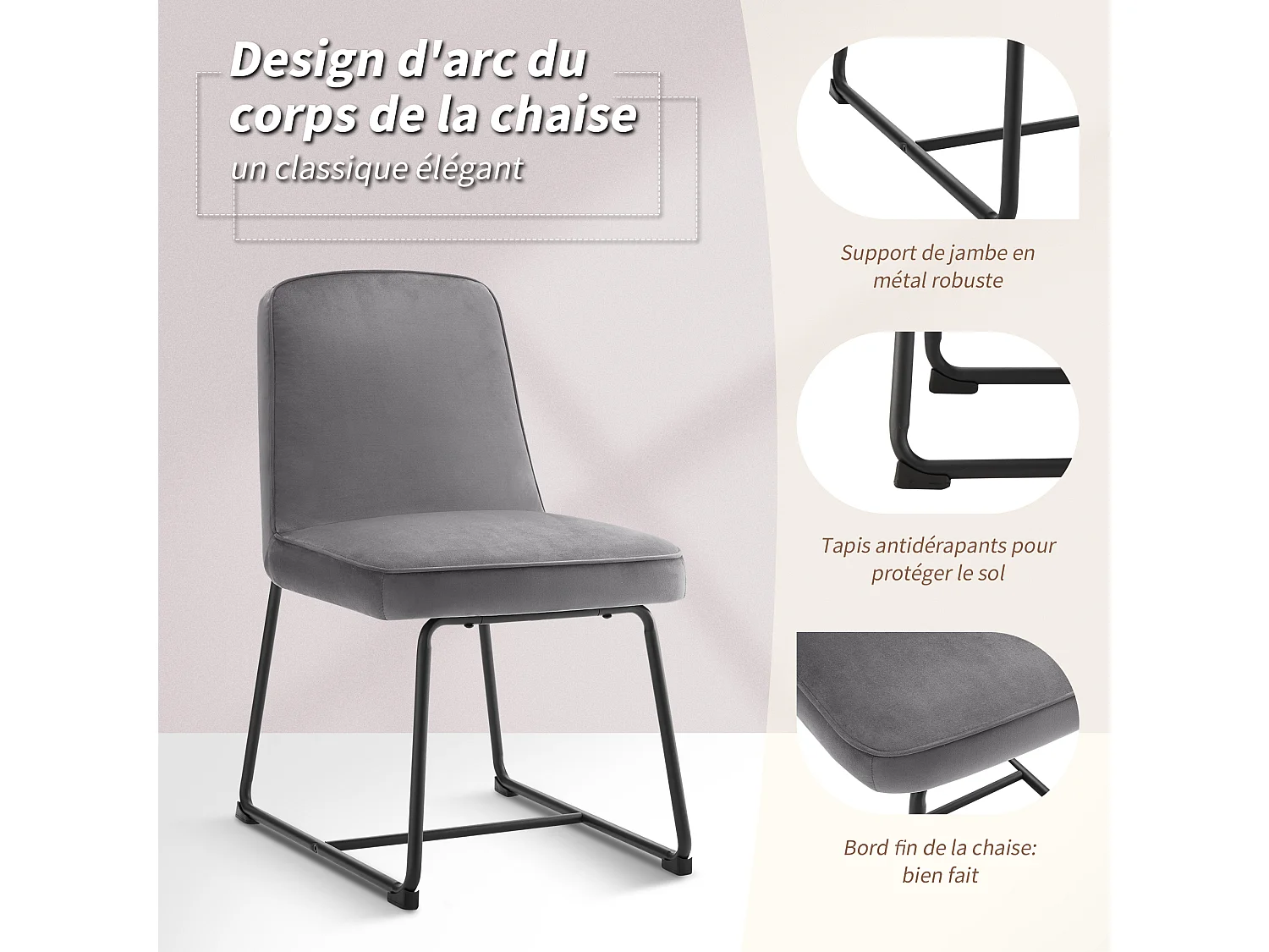 Chaise Salle à Manger Velours, 2 Pièces, Métal Noir, Accoudoirs, Gris