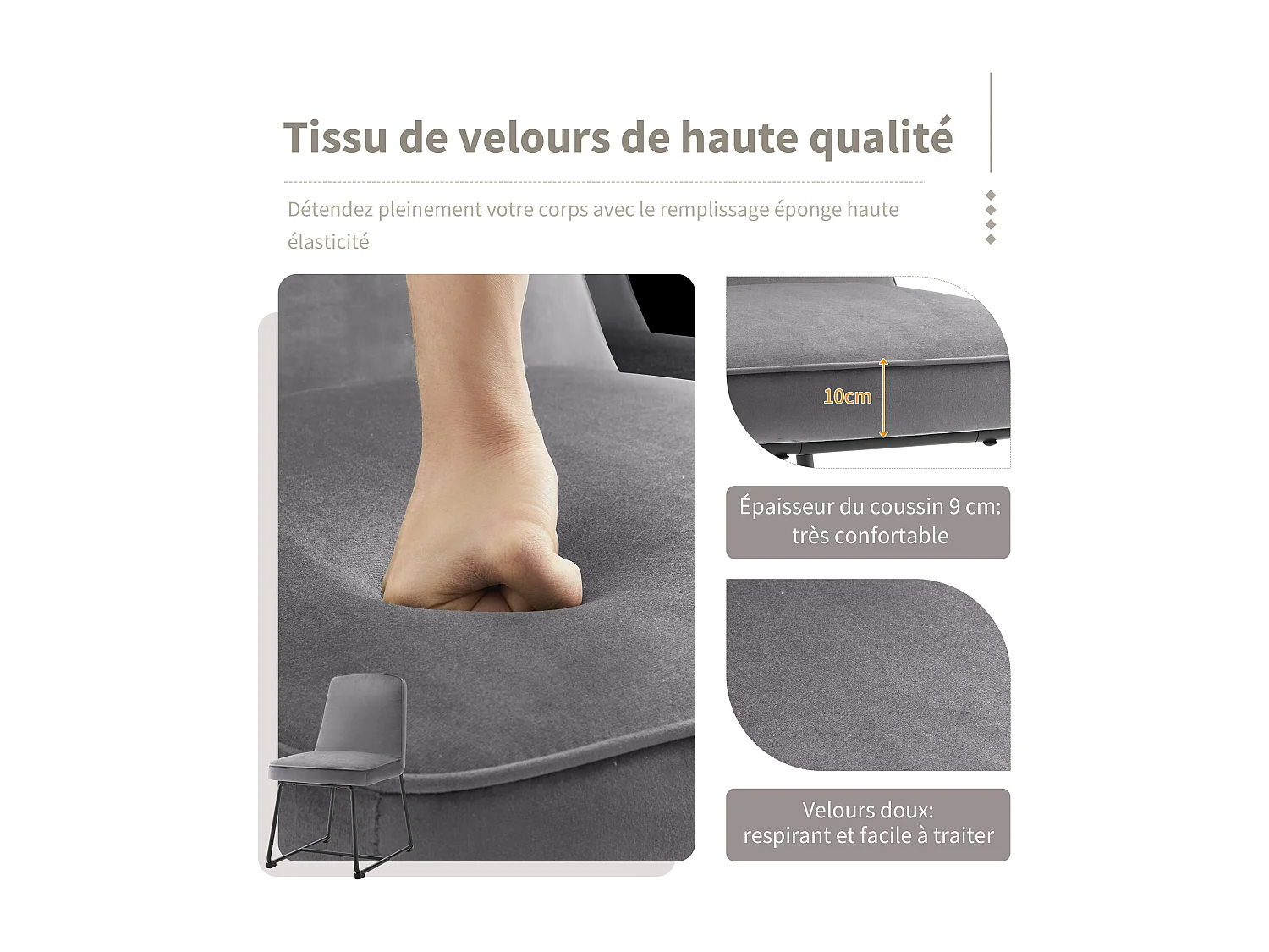 Chaise Salle à Manger Velours, 2 Pièces, Métal Noir, Accoudoirs, Gris