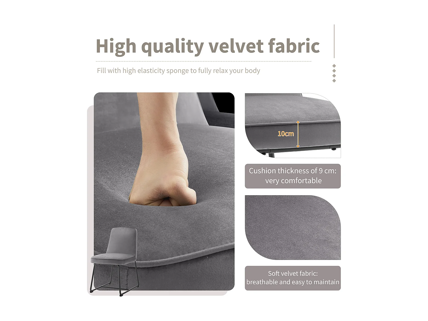 Chaise Salle à Manger Velours, 2 Pièces, Métal Noir, Accoudoirs, Gris