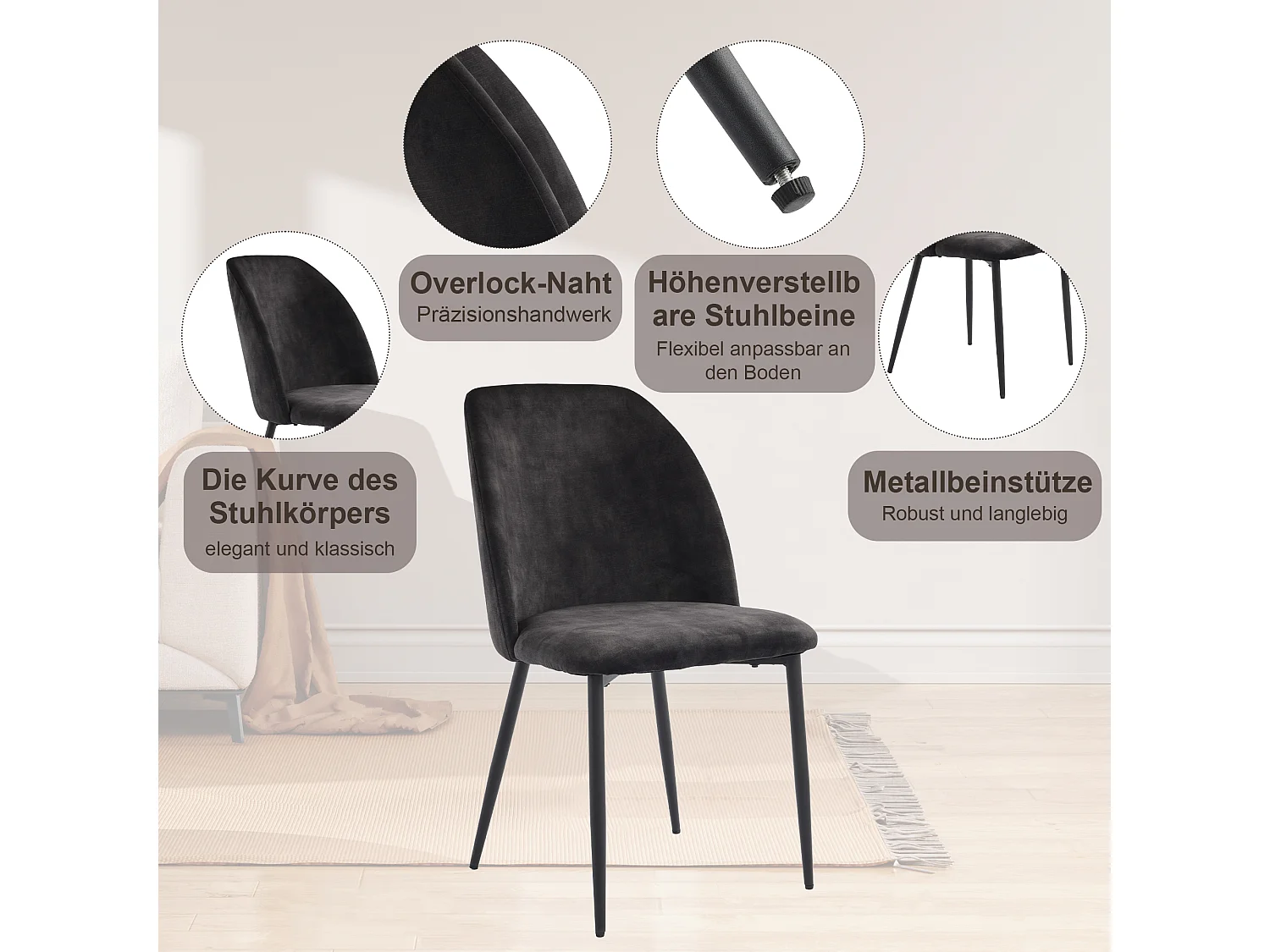 Chaise Salle à Manger, 4 Pièces, Pieds Métalliques, Gris Foncé