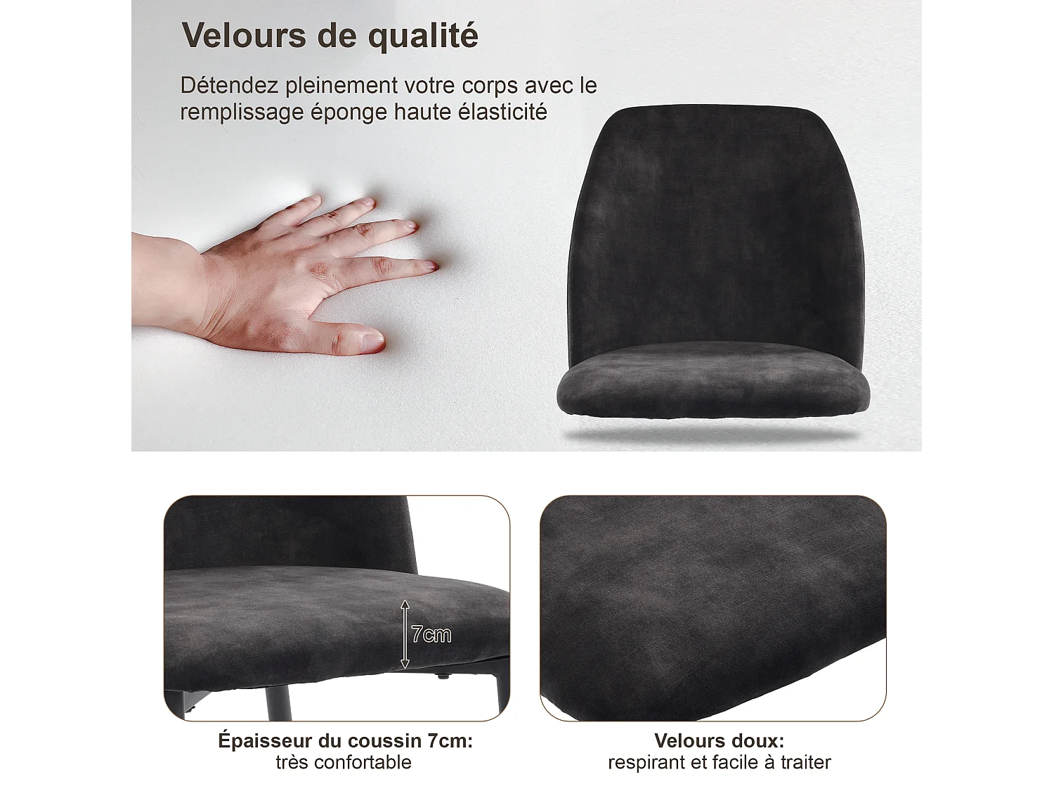 Chaise Salle à Manger, 4 Pièces, Pieds Métalliques, Gris Foncé