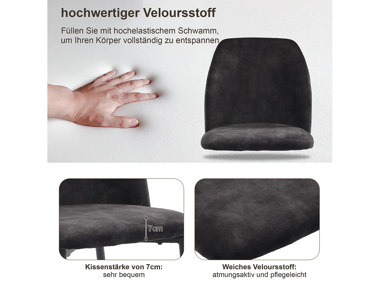 Chaise Salle à Manger, 4 Pièces, Pieds Métalliques, Gris Foncé