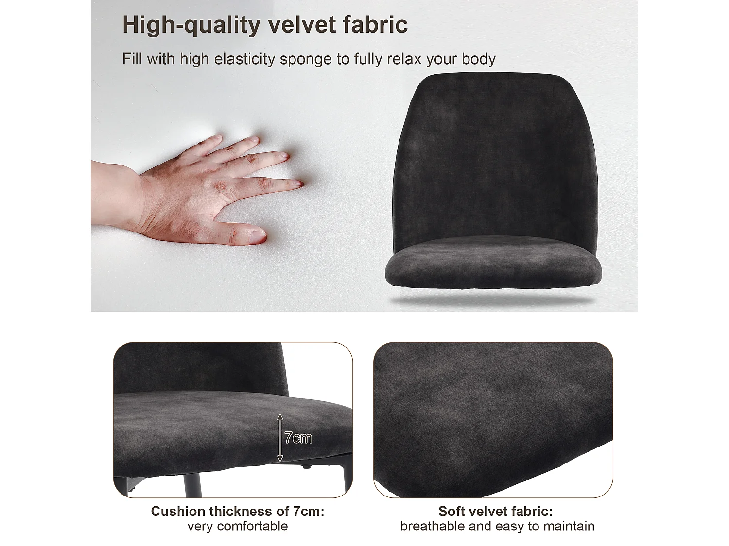 Chaise Salle à Manger, 4 Pièces, Pieds Métalliques, Gris Foncé