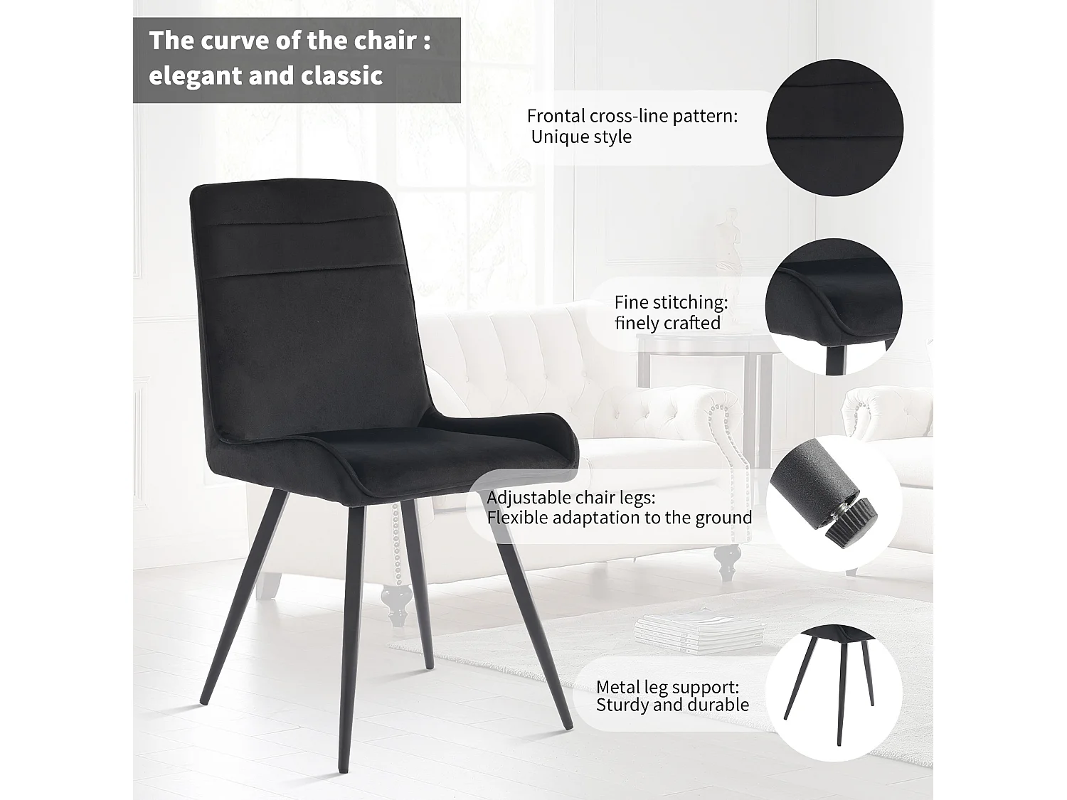 Chaise Salle à Manger, 6 Pièces, Pieds Métalliques, Noir