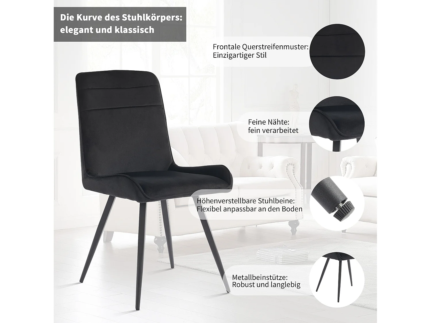 Chaise Salle à Manger, 6 Pièces, Pieds Métalliques, Noir