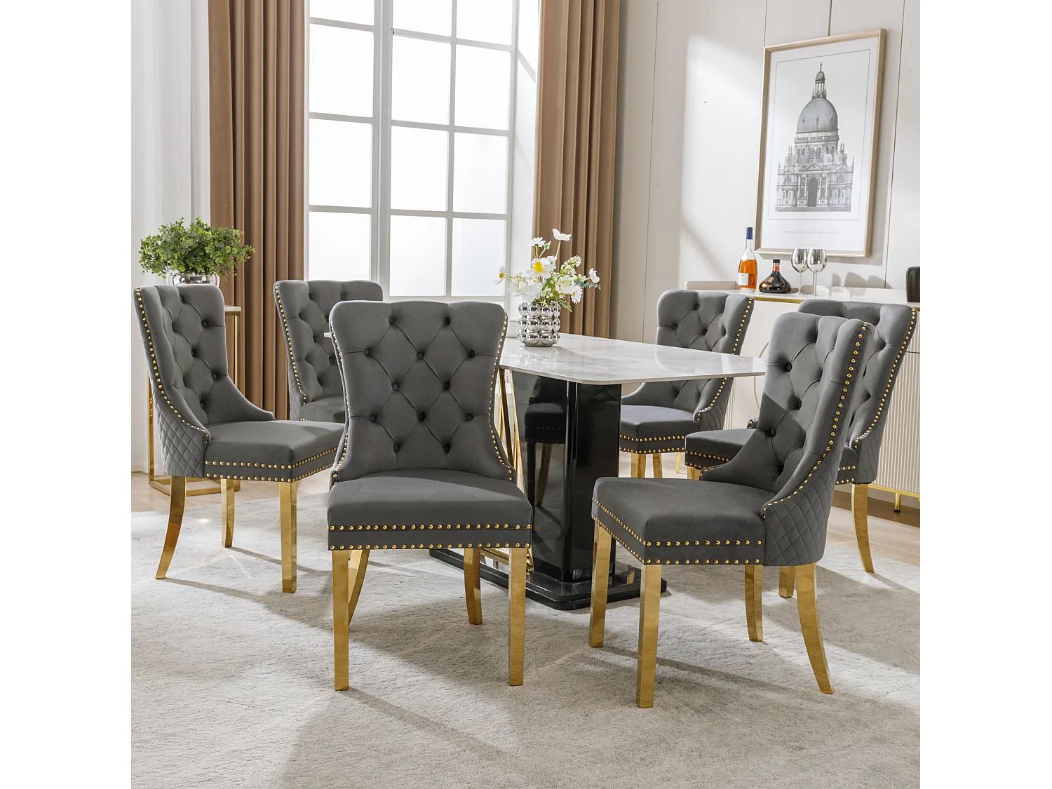 Chaise salle à manger velluto grigio pieds inox doré design originale cucina salone 50x45x95 cm lotto de 6