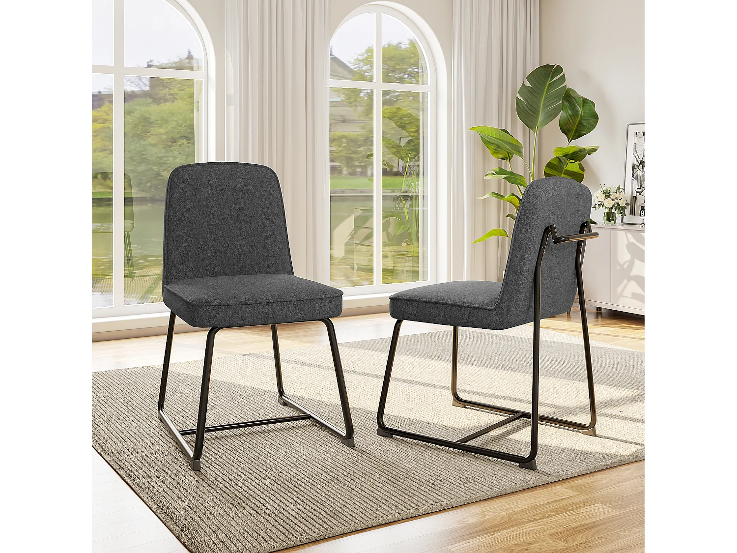 Chaise Salle à Manger Lin, 2 Pièces, Métal Noir, Accoudoirs, Gris