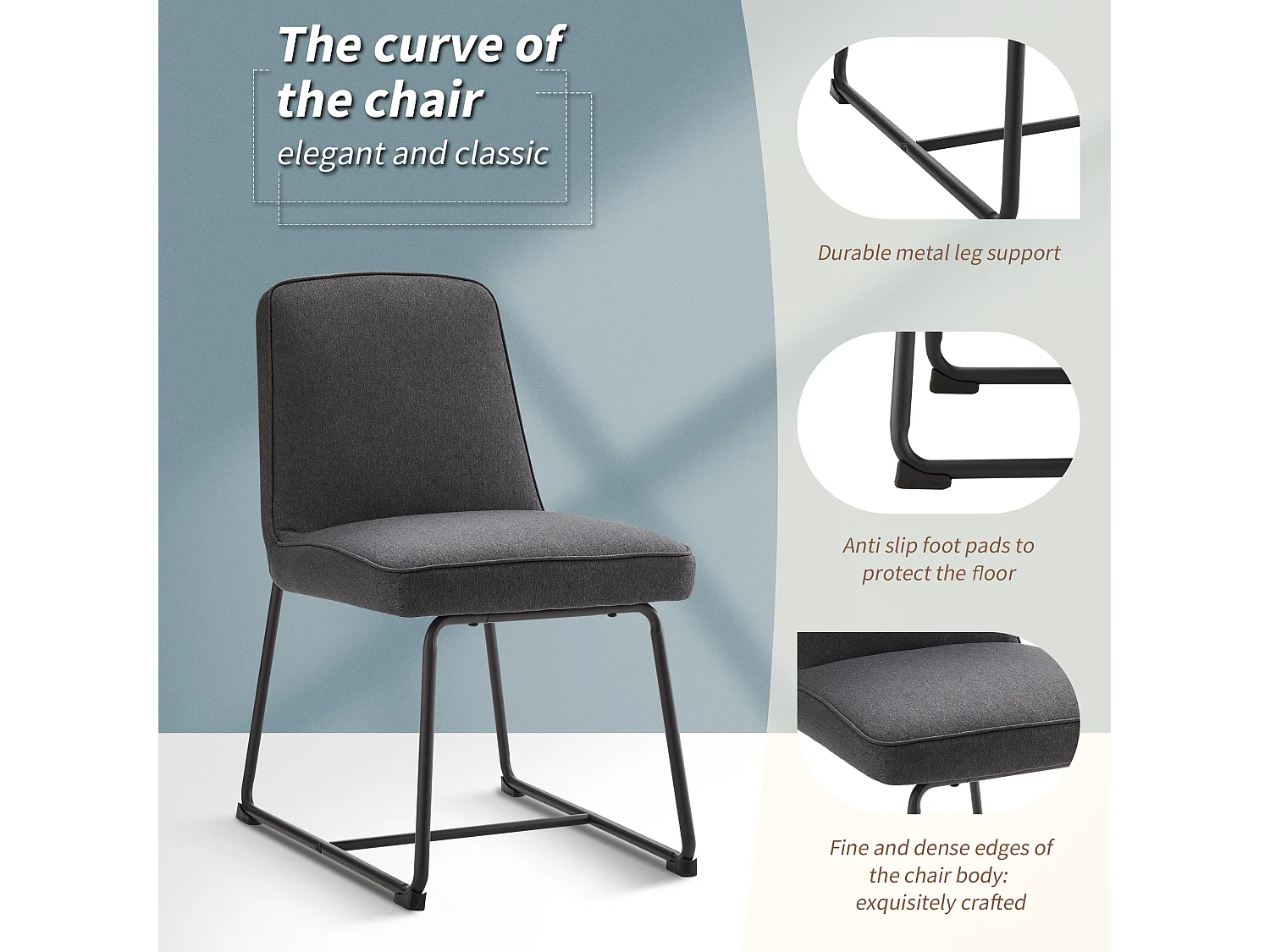 Chaise Salle à Manger Lin, 2 Pièces, Métal Noir, Accoudoirs, Gris