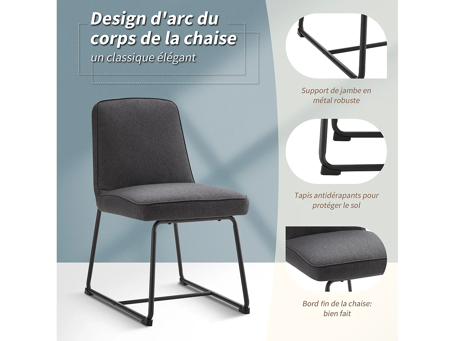 Chaise Salle à Manger Lin, 2 Pièces, Métal Noir, Accoudoirs, Gris