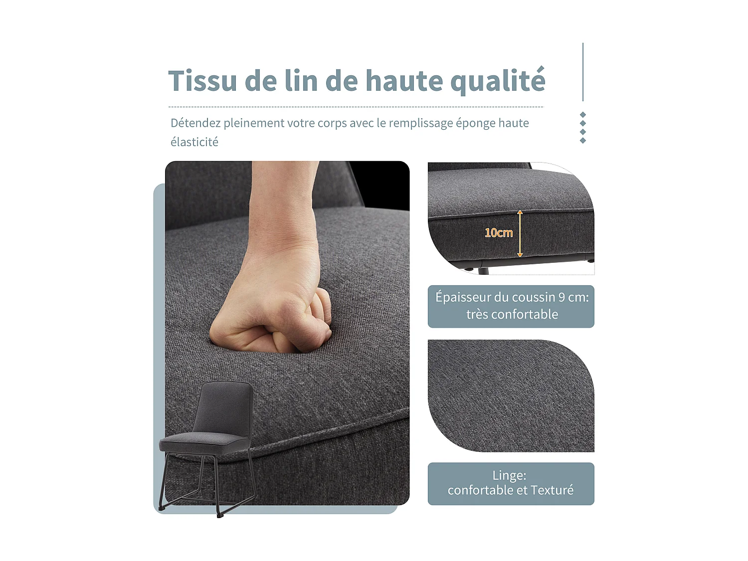 Chaise Salle à Manger Lin, 2 Pièces, Métal Noir, Accoudoirs, Gris