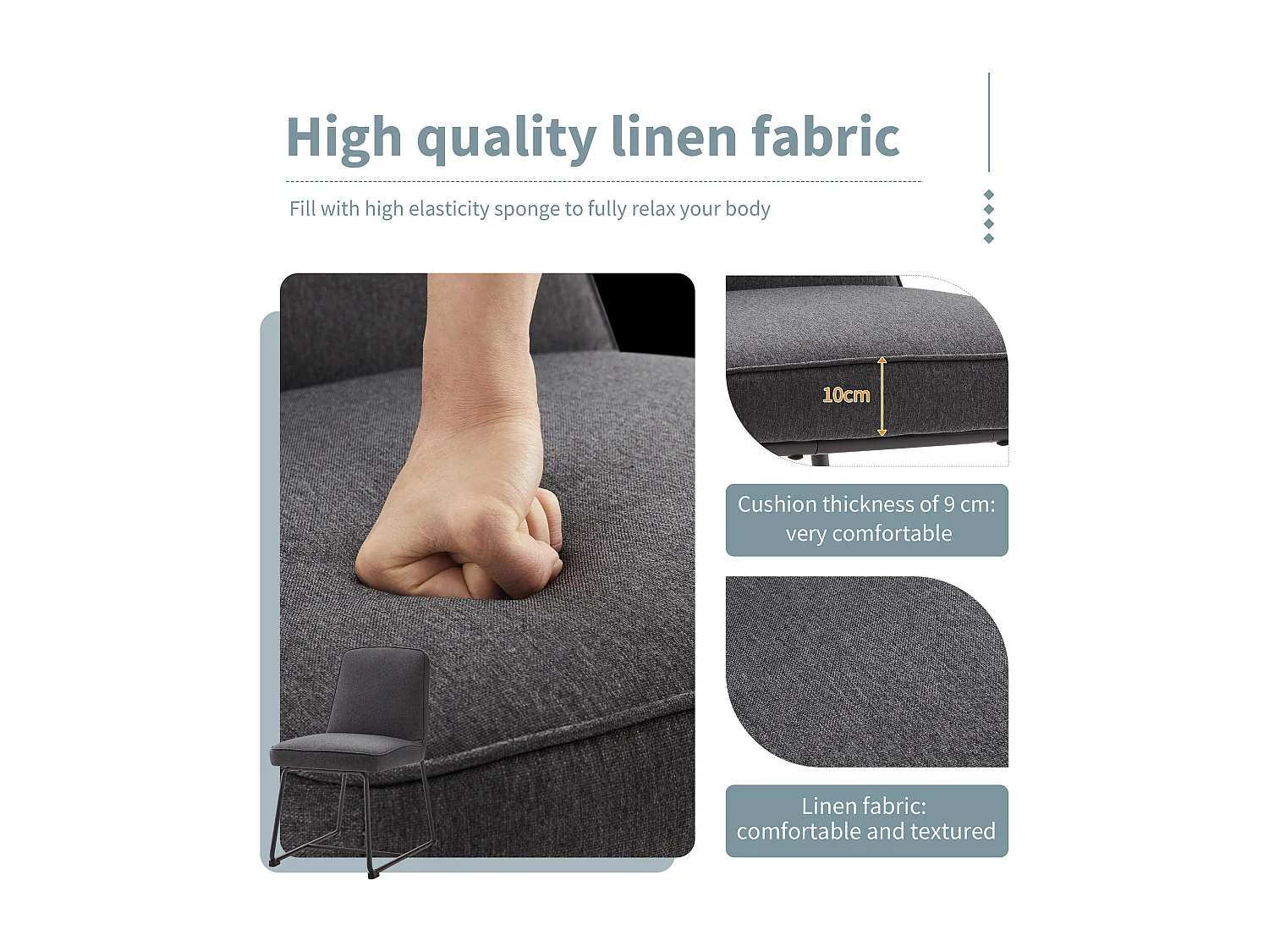 Chaise Salle à Manger Lin, 2 Pièces, Métal Noir, Accoudoirs, Gris