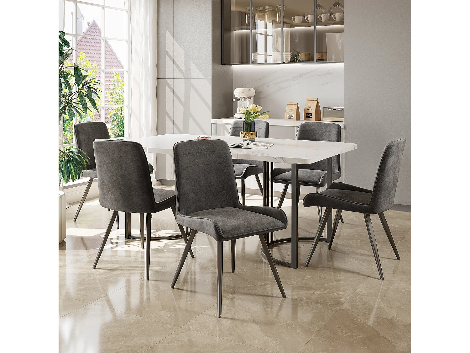 Chaise Salle à Manger, 6 Pièces, Pieds En Métal, Gris Foncé