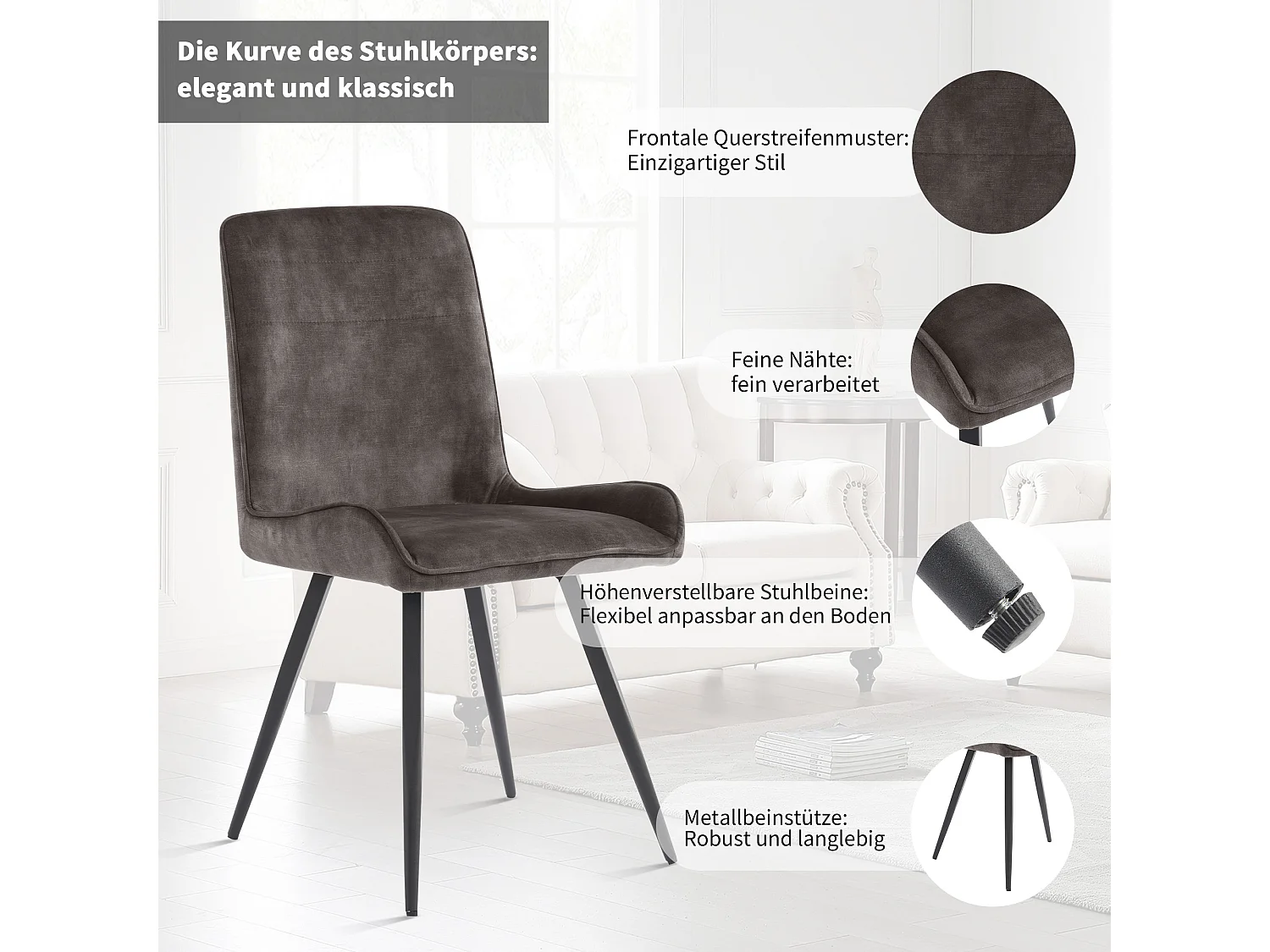 Chaise Salle à Manger, 6 Pièces, Pieds En Métal, Gris Foncé