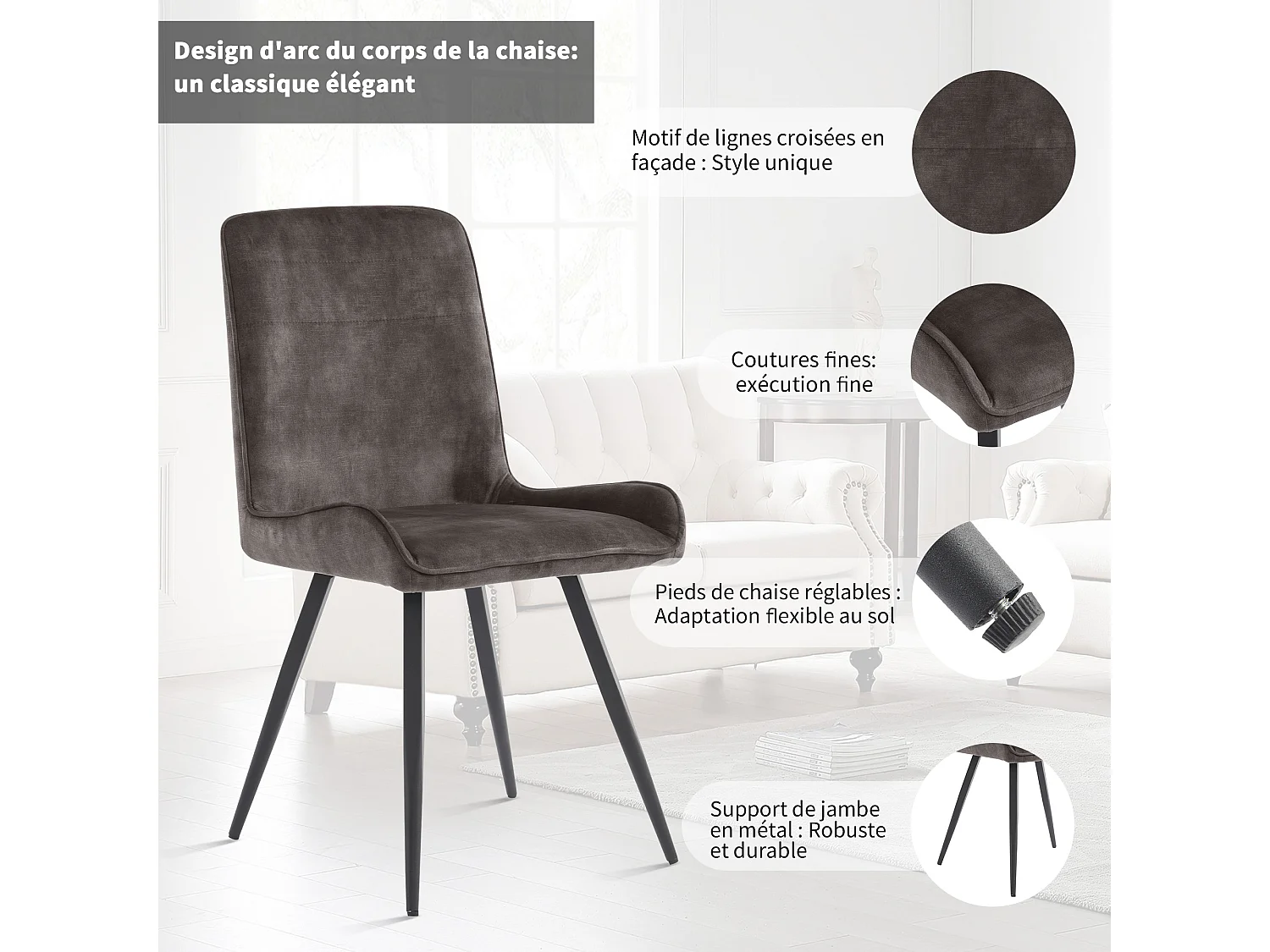 Chaise Salle à Manger, 6 Pièces, Pieds En Métal, Gris Foncé