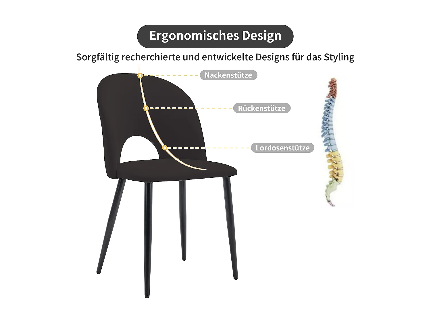 Sedia di design con schienale imbottito, seduta in velluto, nera