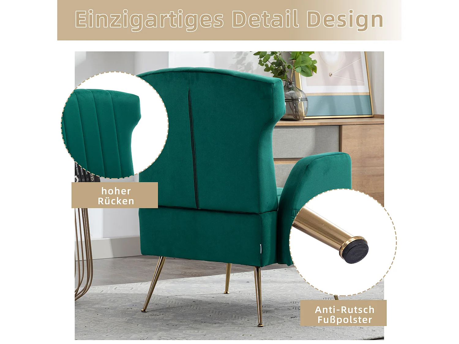Cadeira decorativa de veludo, pernas de metal dourado, poltrona confortável, encosto alto