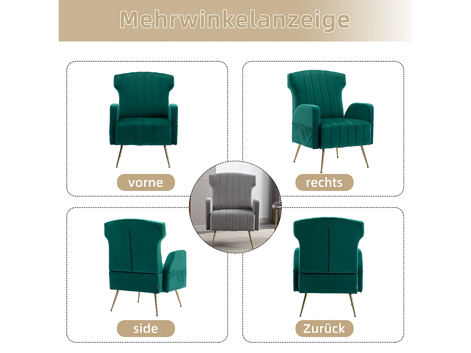 Cadeira decorativa de veludo, pernas de metal dourado, poltrona confortável, encosto alto