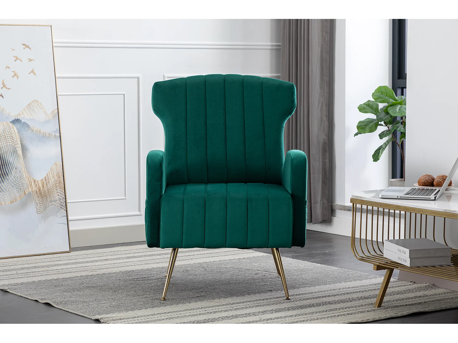 Cadeira decorativa de veludo, pernas de metal dourado, poltrona confortável, encosto alto