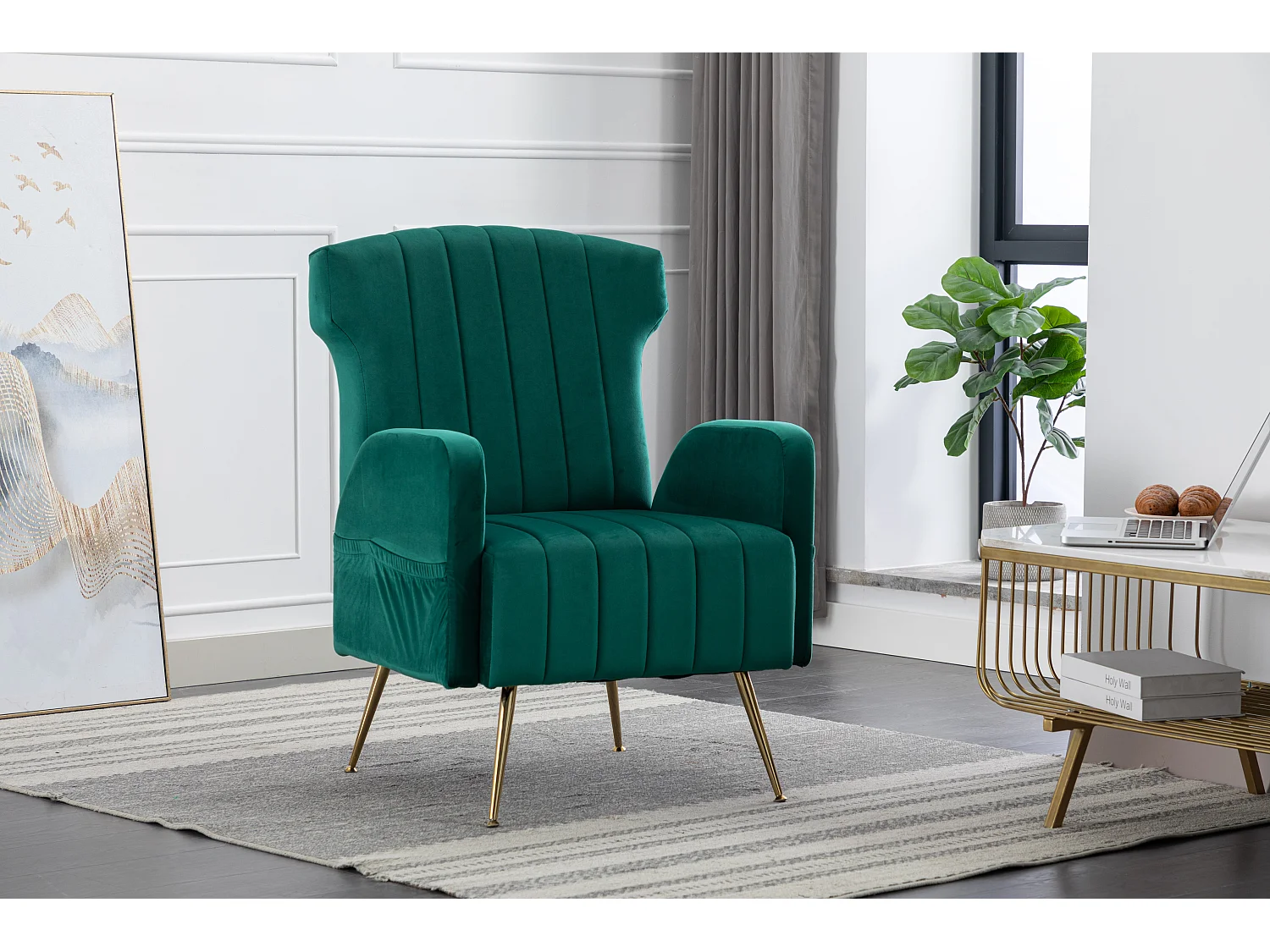 Cadeira decorativa de veludo, pernas de metal dourado, poltrona confortável, encosto alto
