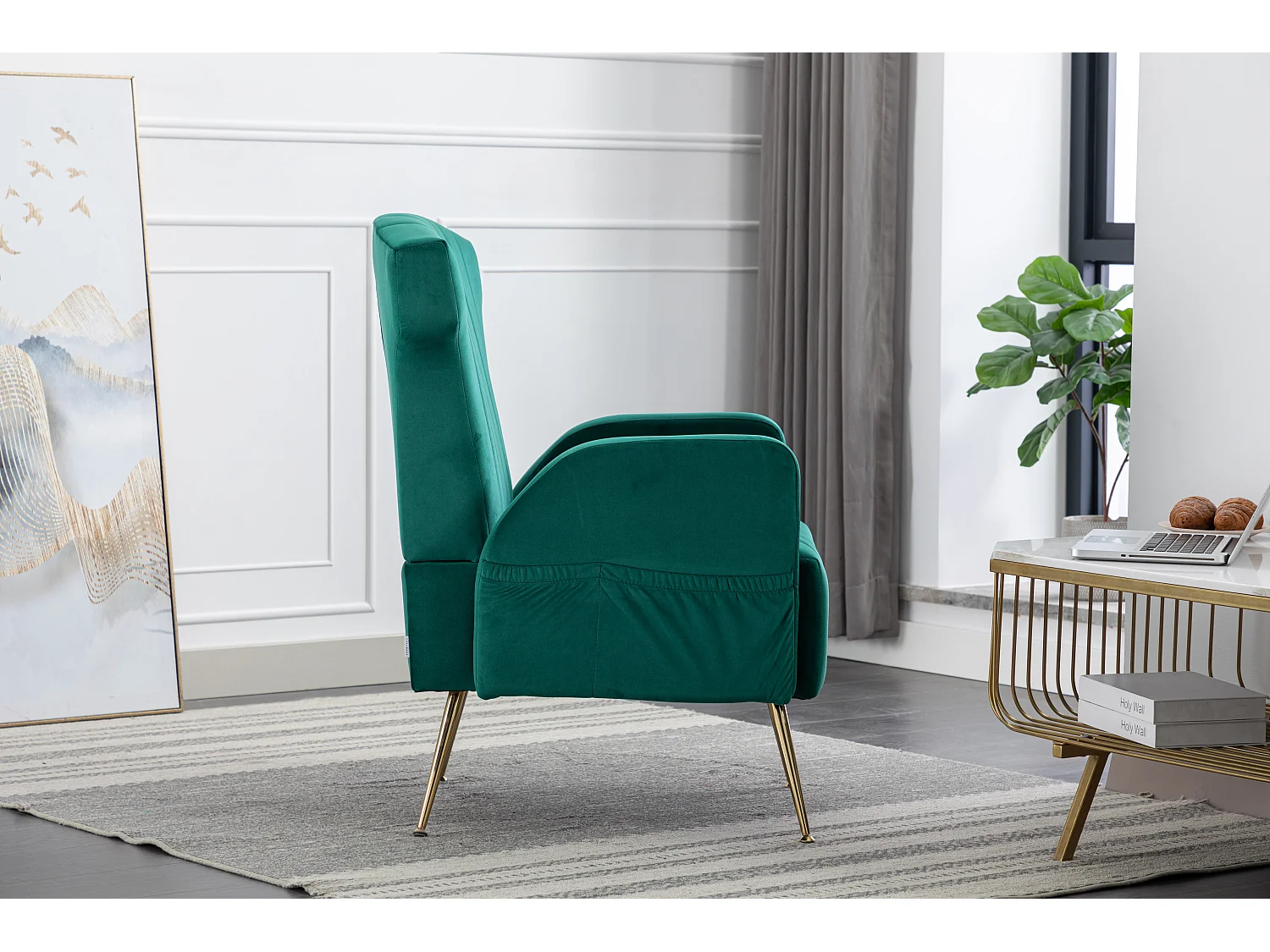 Cadeira decorativa de veludo, pernas de metal dourado, poltrona confortável, encosto alto
