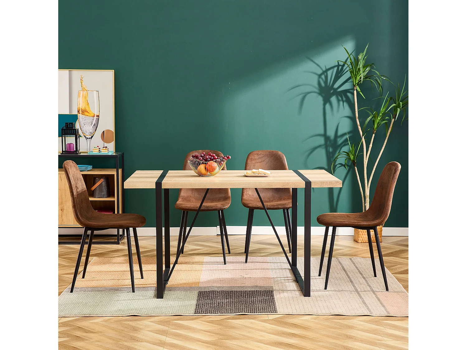 Cadeira escandinava vintage (4 peças), assento de couro sintético, pernas de aço, amarelo-marrom