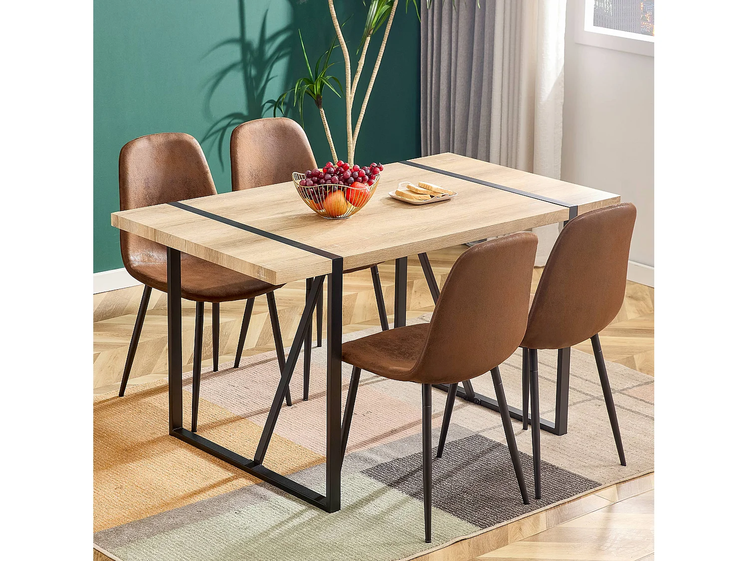 Cadeira escandinava vintage (4 peças), assento de couro sintético, pernas de aço, amarelo-marrom