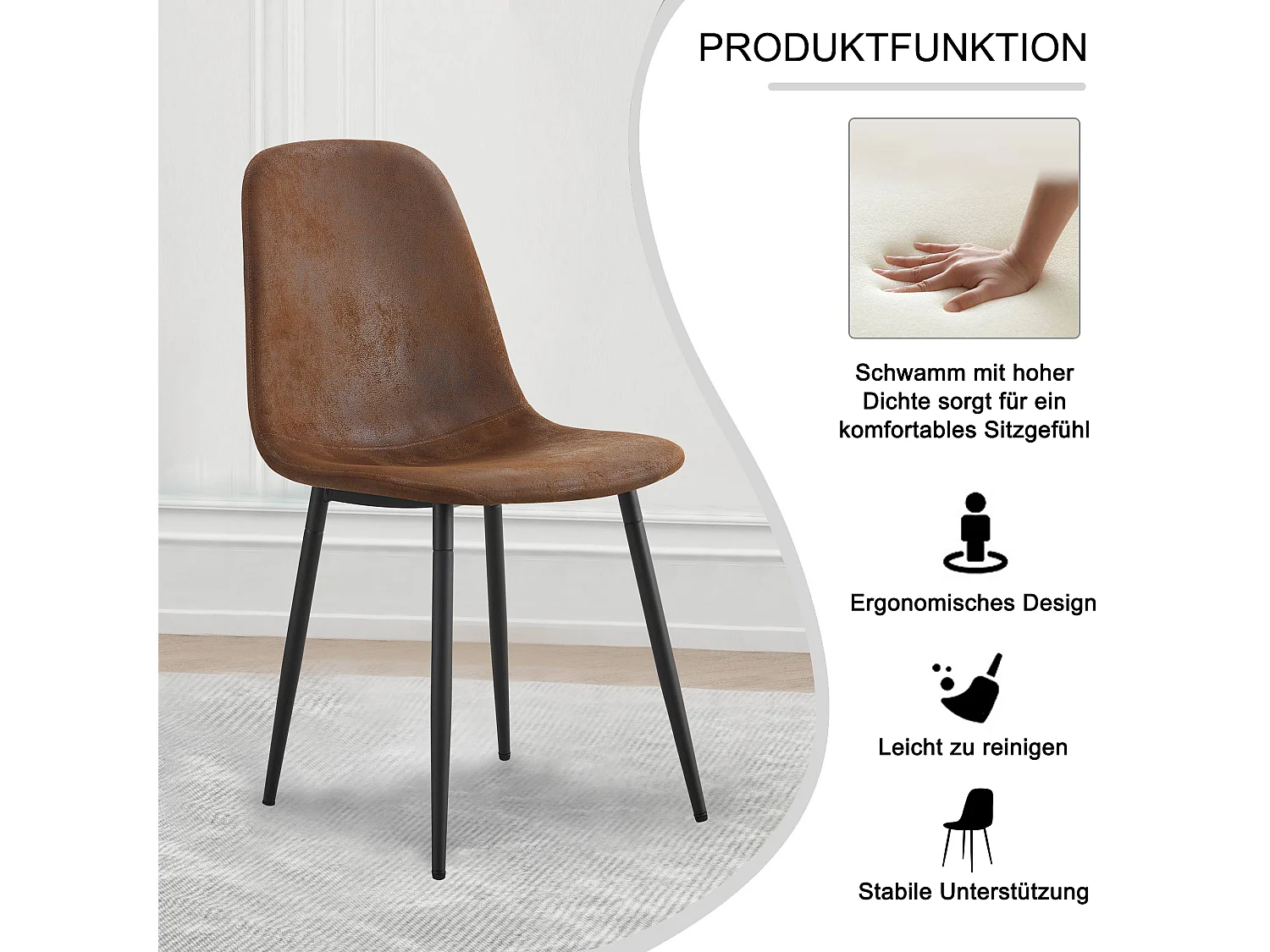 Cadeira escandinava vintage (4 peças), assento de couro sintético, pernas de aço, amarelo-marrom