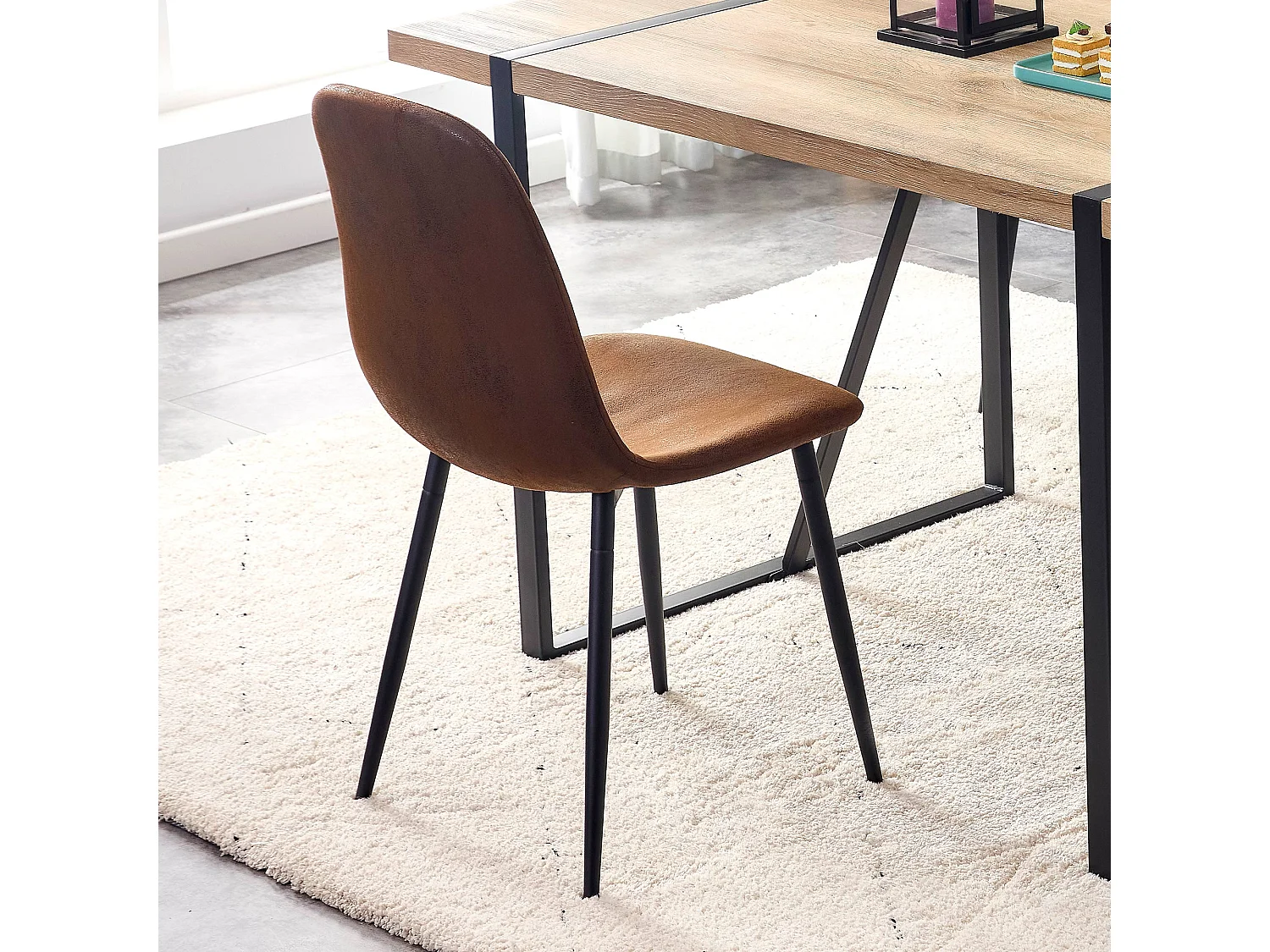 Cadeira escandinava vintage (4 peças), assento de couro sintético, pernas de aço, amarelo-marrom