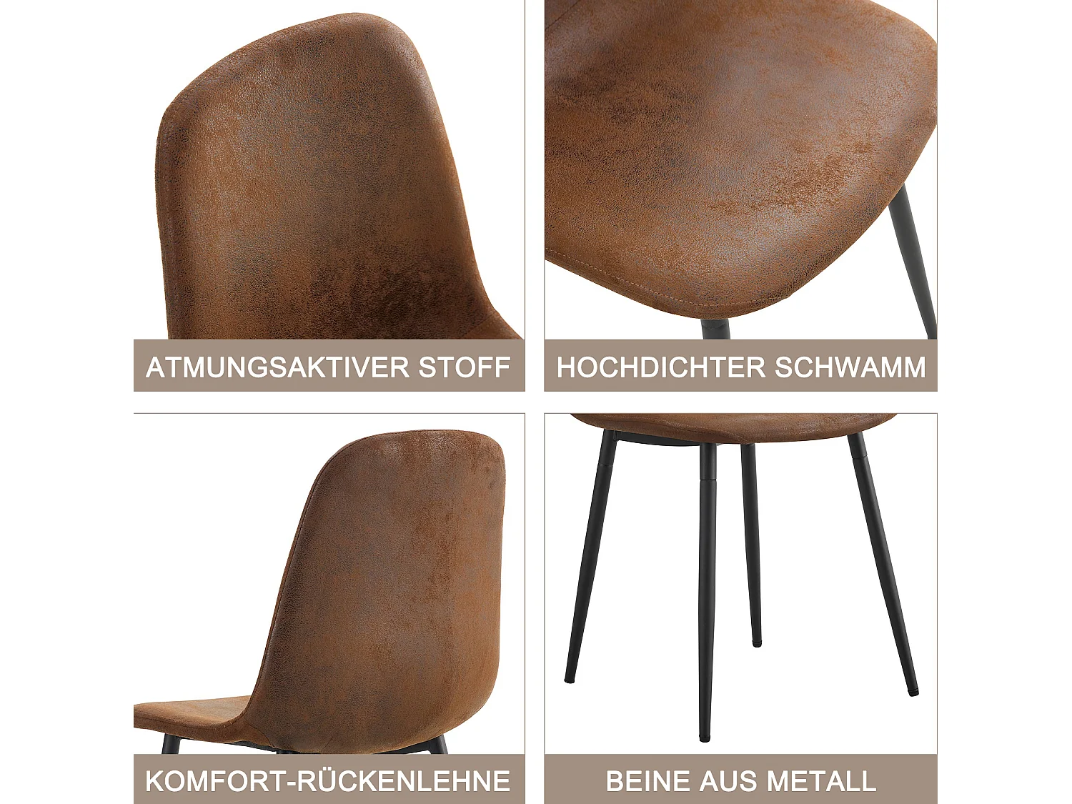 Cadeira escandinava vintage (4 peças), assento de couro sintético, pernas de aço, amarelo-marrom