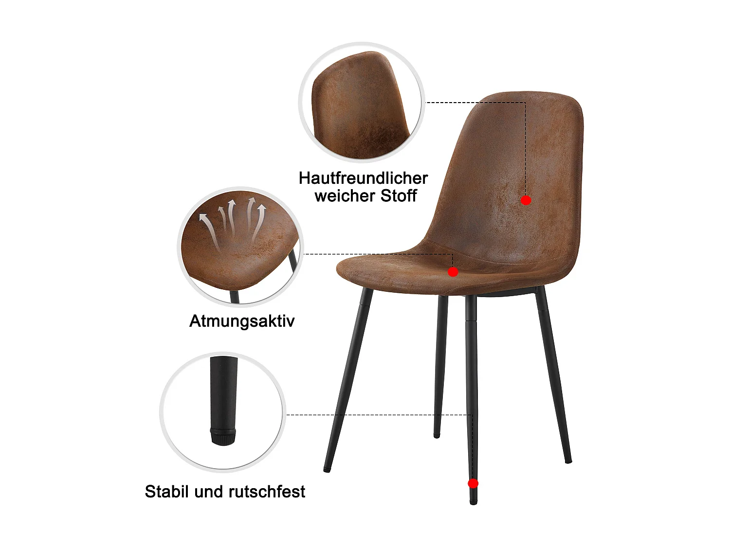 Cadeira escandinava vintage (4 peças), assento de couro sintético, pernas de aço, amarelo-marrom