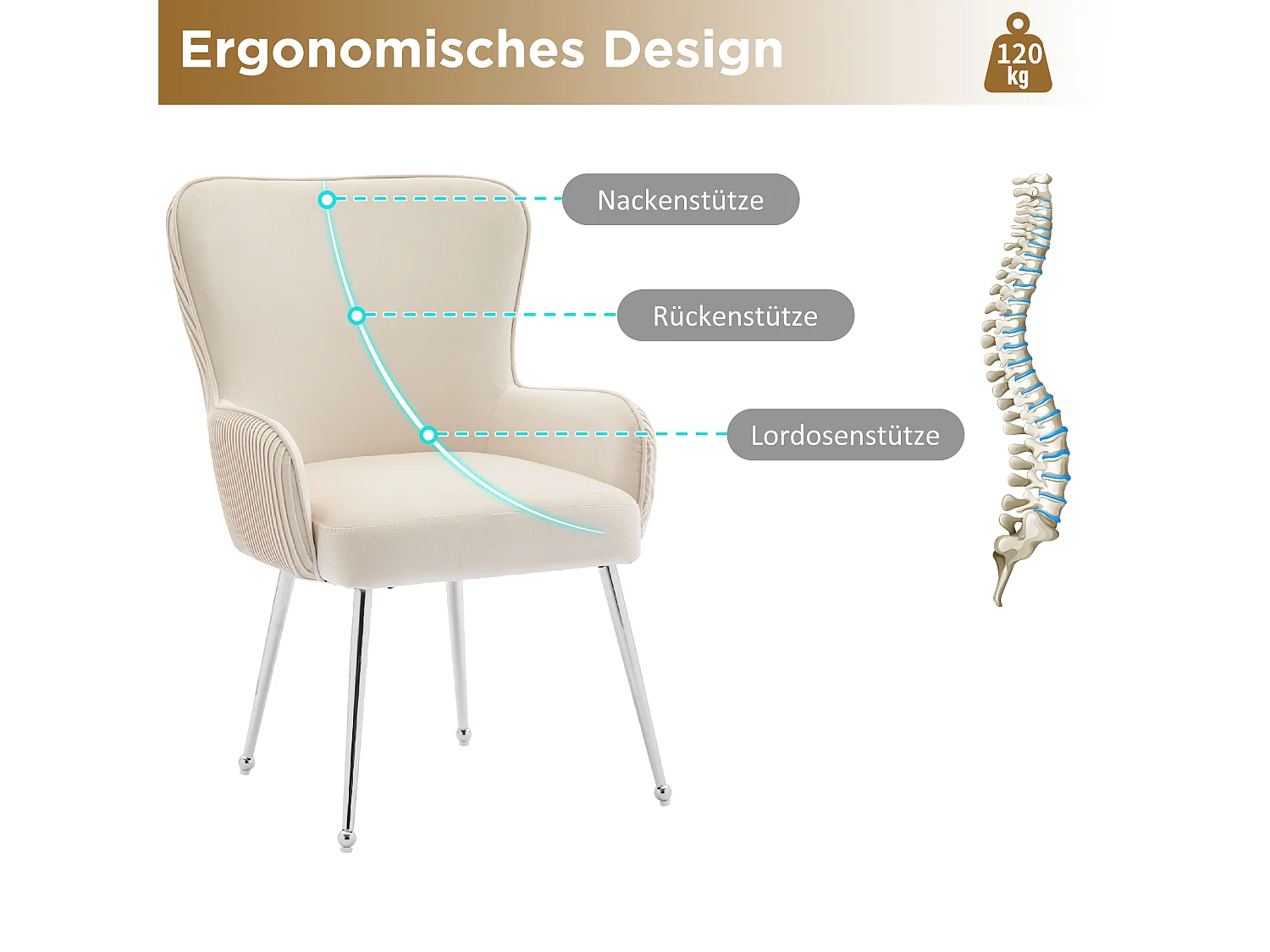 Chaise velours beige luxe avec accoudoirs pieds métal argent réglables salon chambre lounge lot de 2