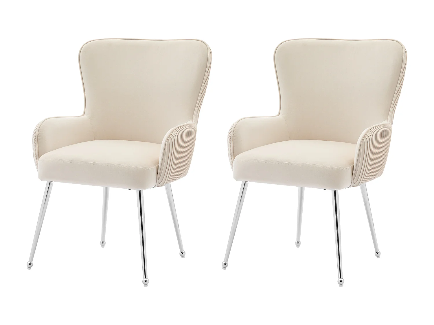 Cadeira de veludo bege de luxo com braços e pernas de metal prateado ajustáveis para sala de estar, quarto, sala de estar, conjunto de 2