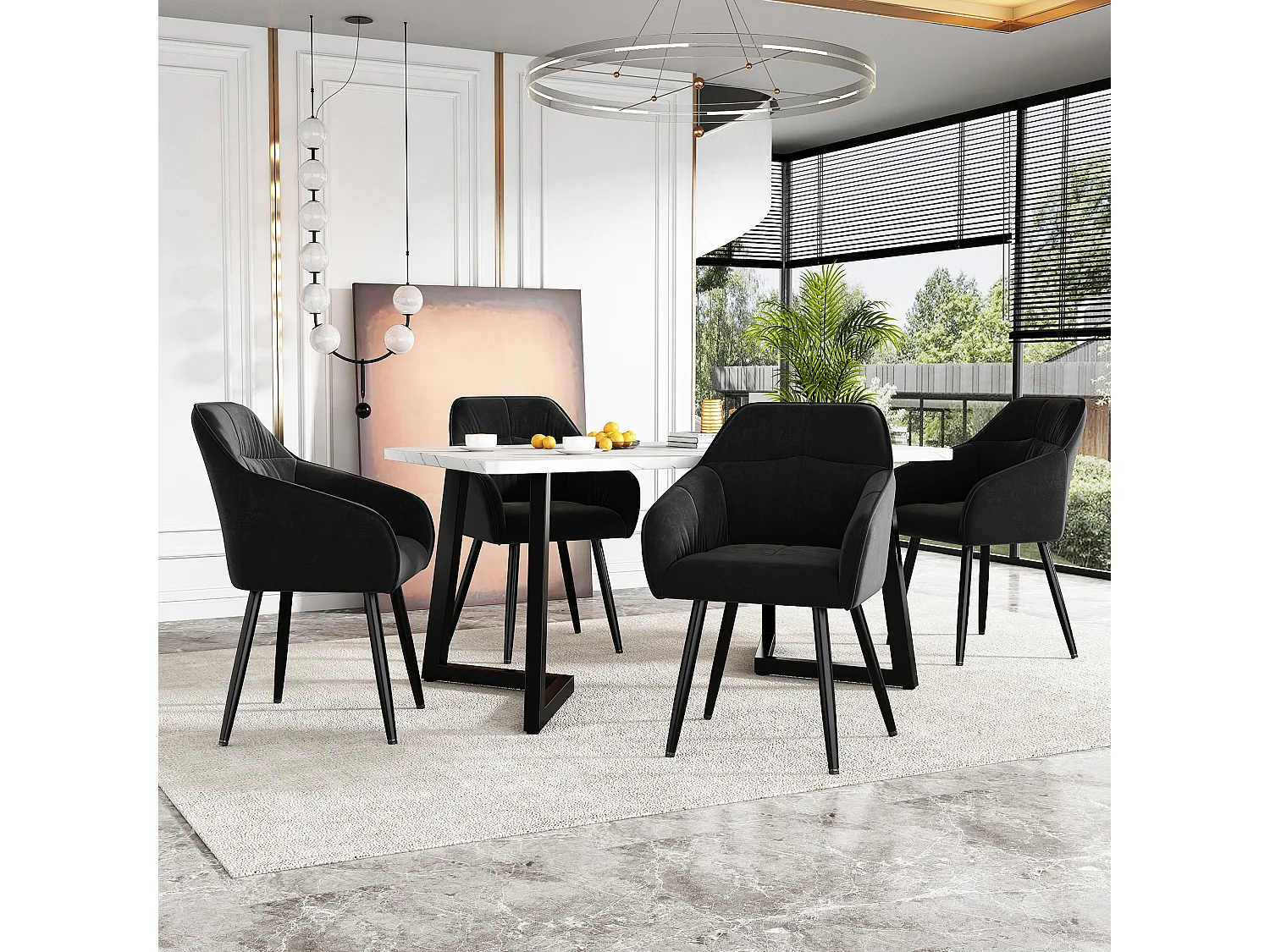 Cadeiras de jantar (4), poltrona de veludo com pernas de metal, preta