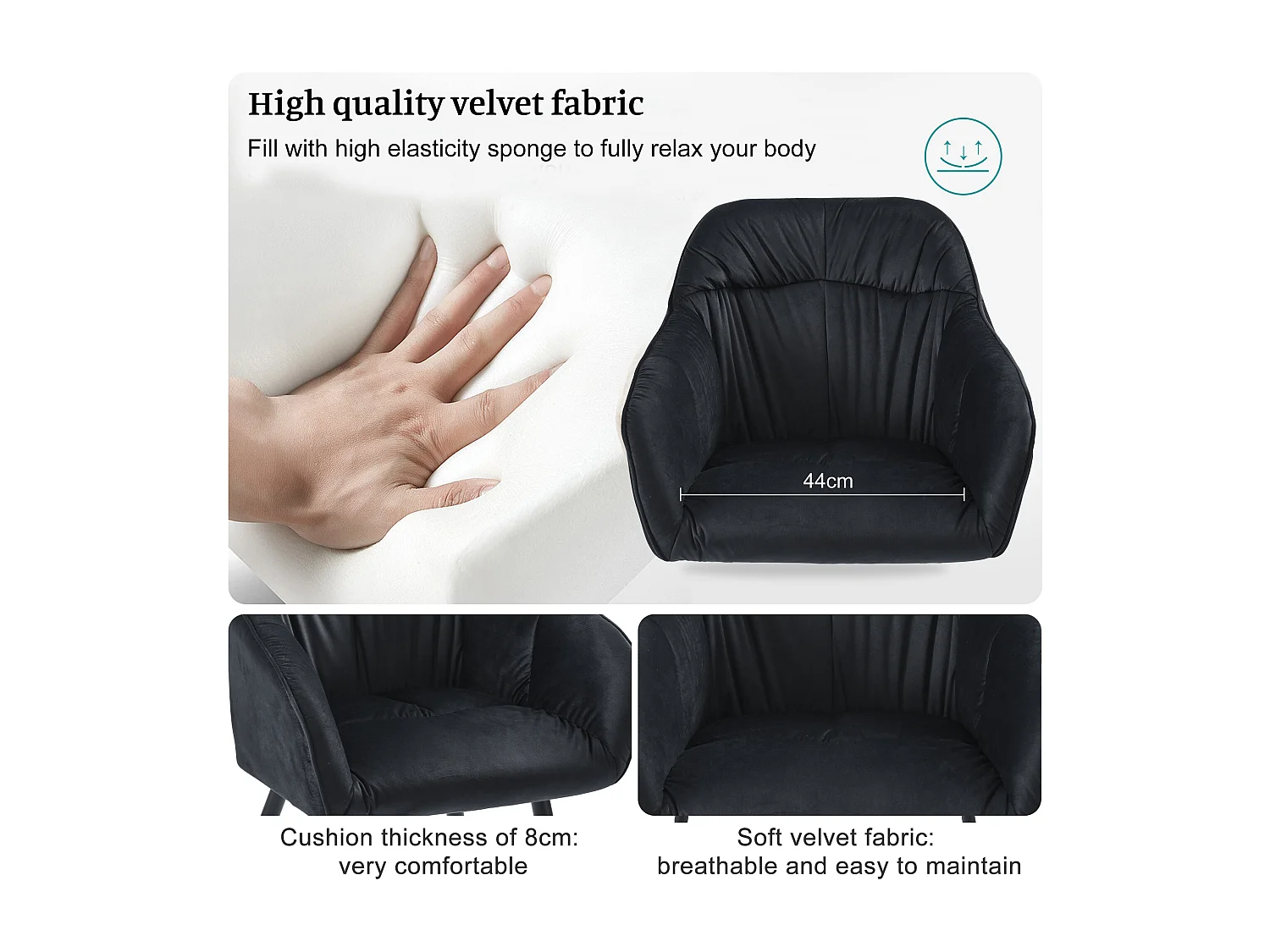 Cadeiras de jantar (4), poltrona de veludo com pernas de metal, preta