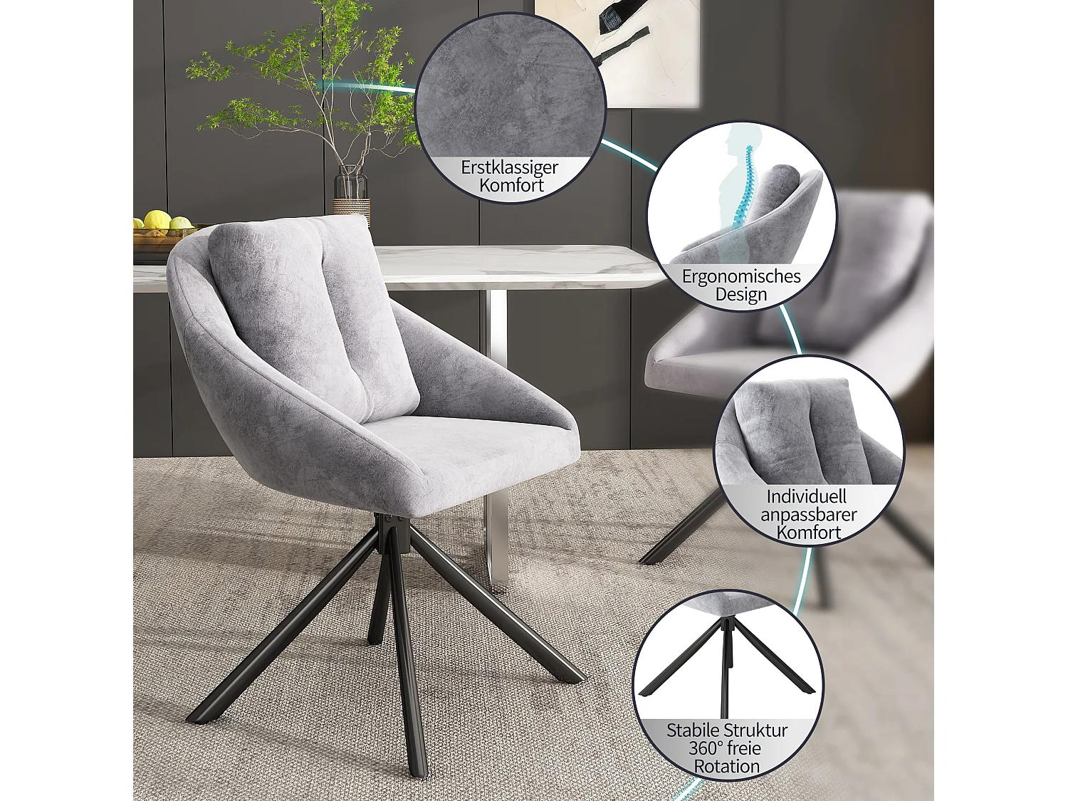 Grijze fluwelen draaistoel comfortabele eetkamerstoel modern ergonomisch design metaal