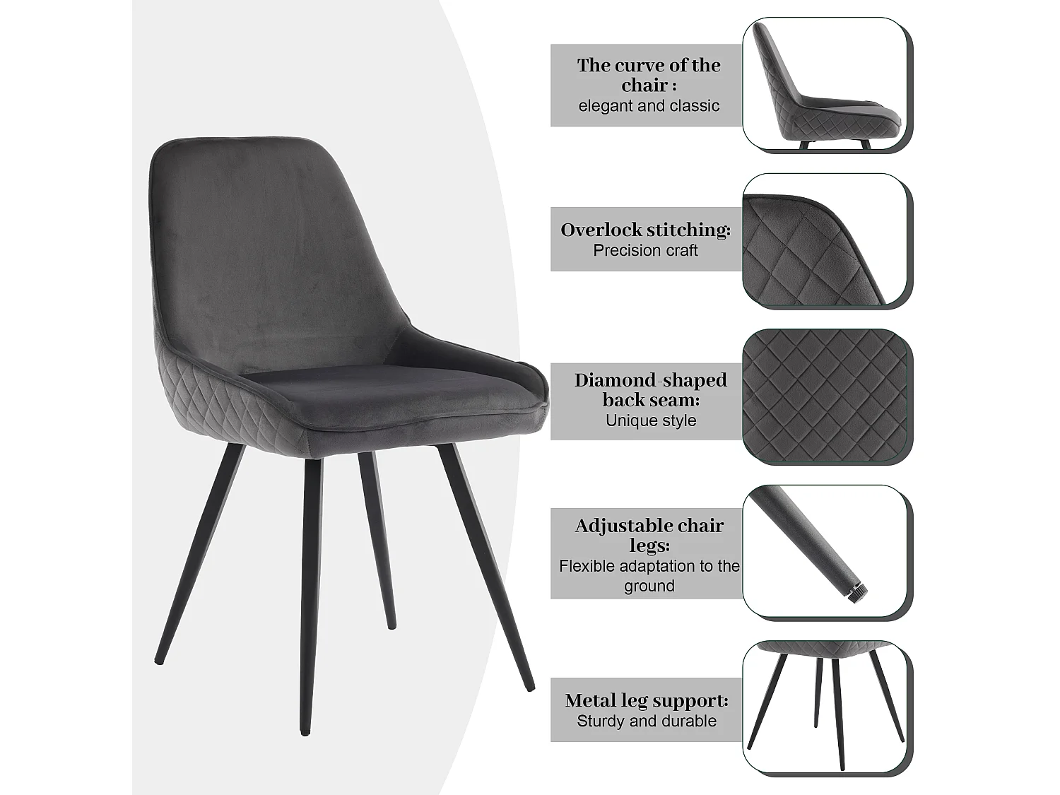 Cadeiras de jantar com encosto (conjunto de 6), cadeira de cozinha, cinza escuro