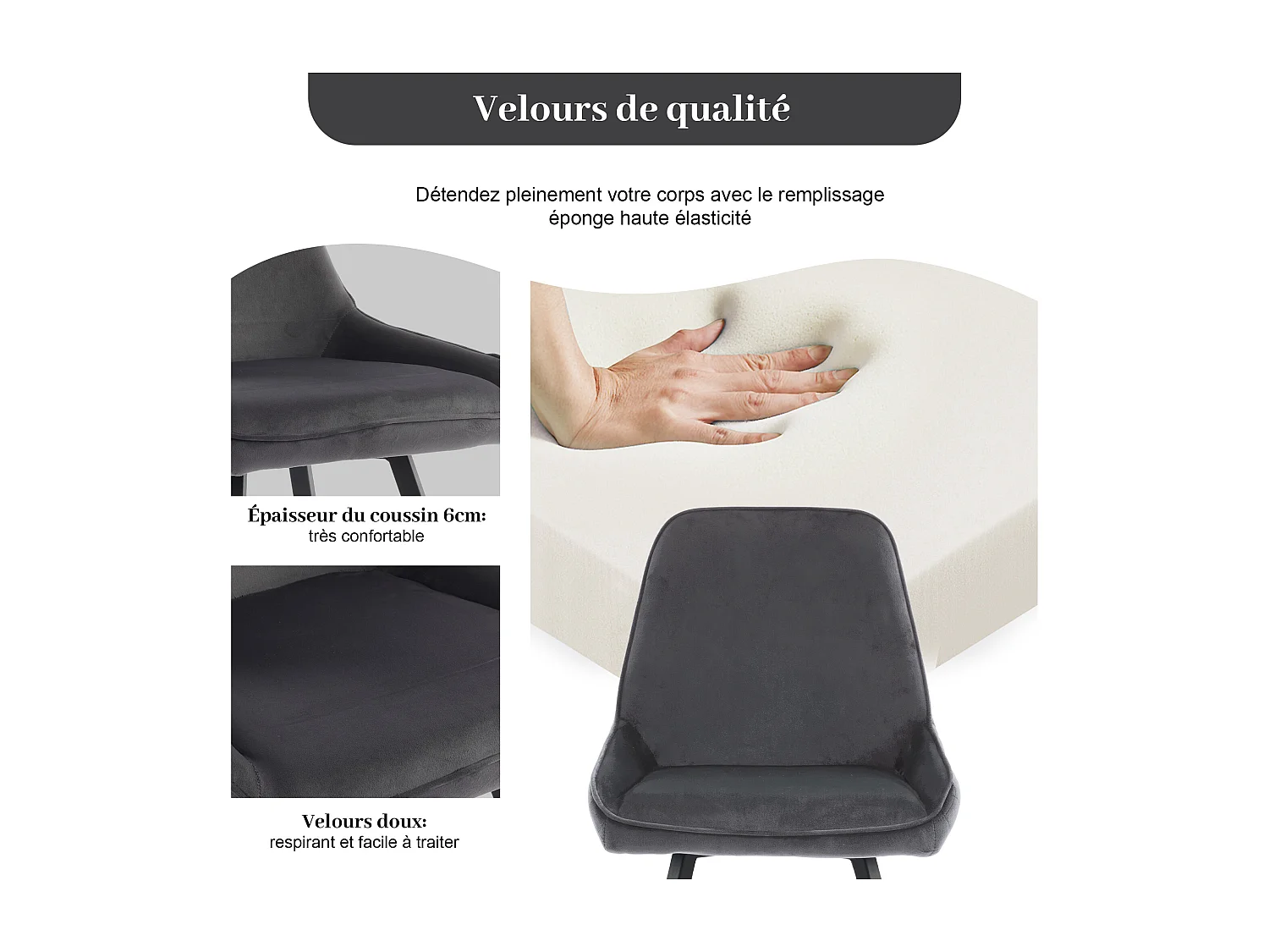 Cadeiras de jantar com encosto (conjunto de 6), cadeira de cozinha, cinza escuro