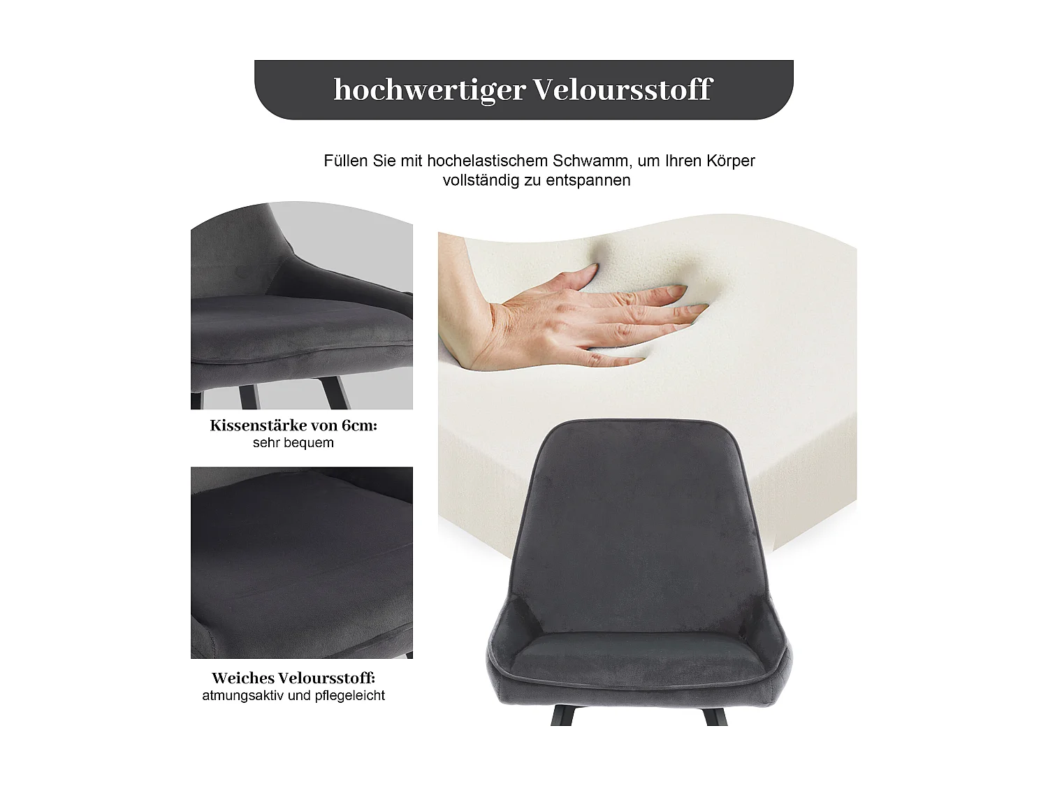 Cadeiras de jantar com encosto (conjunto de 6), cadeira de cozinha, cinza escuro