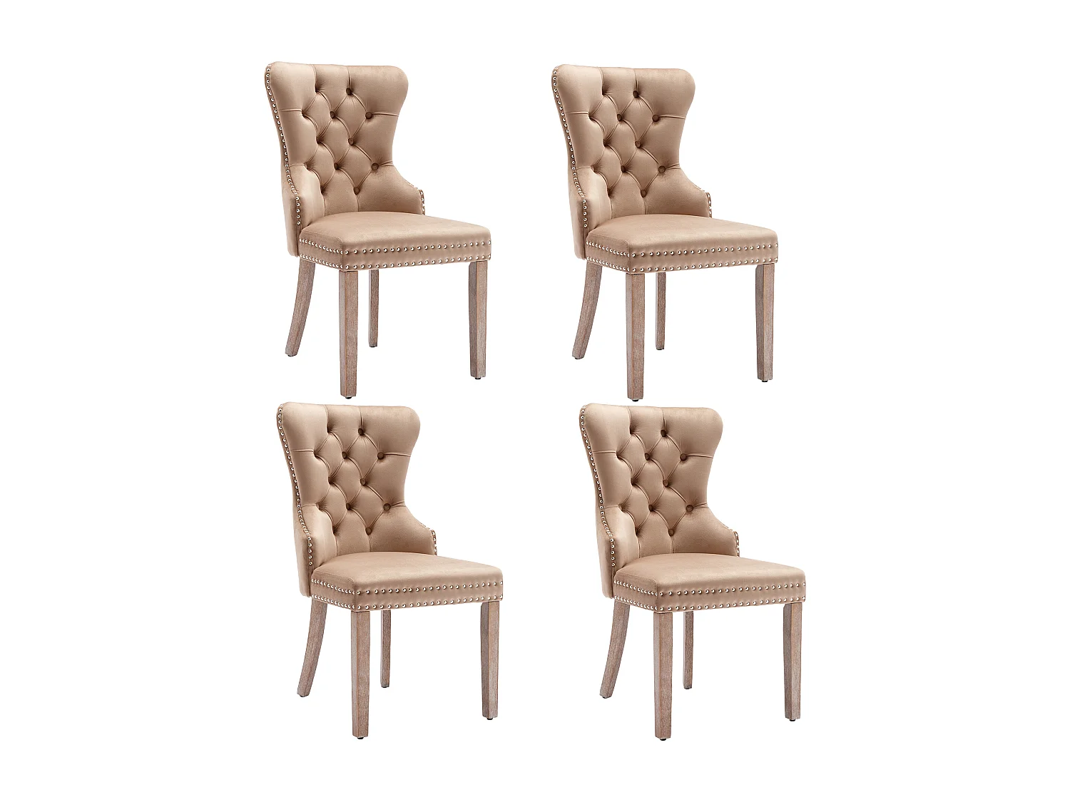 Chaise salle à manger velours avec pieds bois massif repose-pieds réglable décor clous brun café lot de 4