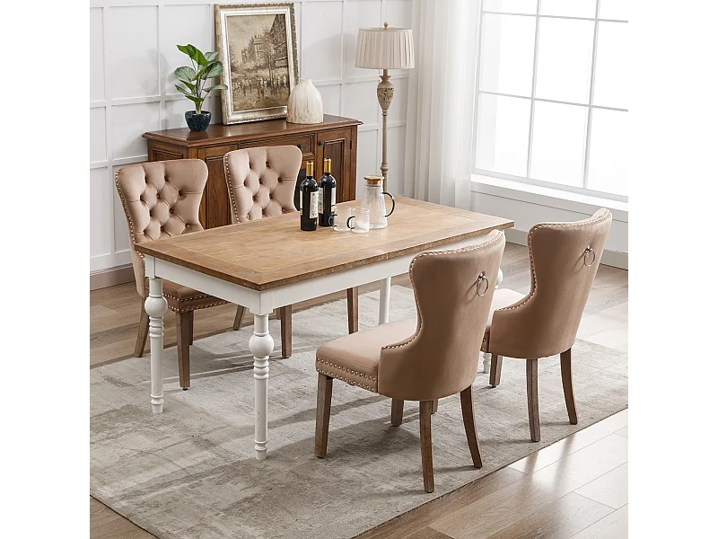 Silla de comedor de terciopelo con patas de madera maciza y reposapiés ajustable, decoración de uñas marrón café, juego de 4