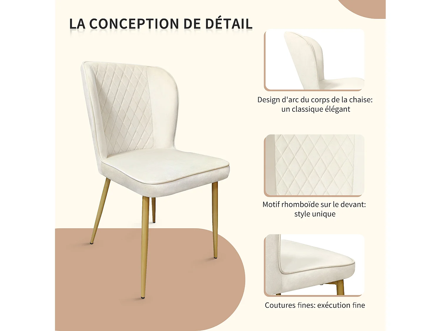 Chaise salle à manger velluto beige dossier haut ergonomique assise mousse cadre métal doré 47x43x86 cm lotto di 4